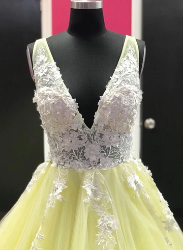 Yellow v neck tulle lace long prom dress, evening dress HZ1023